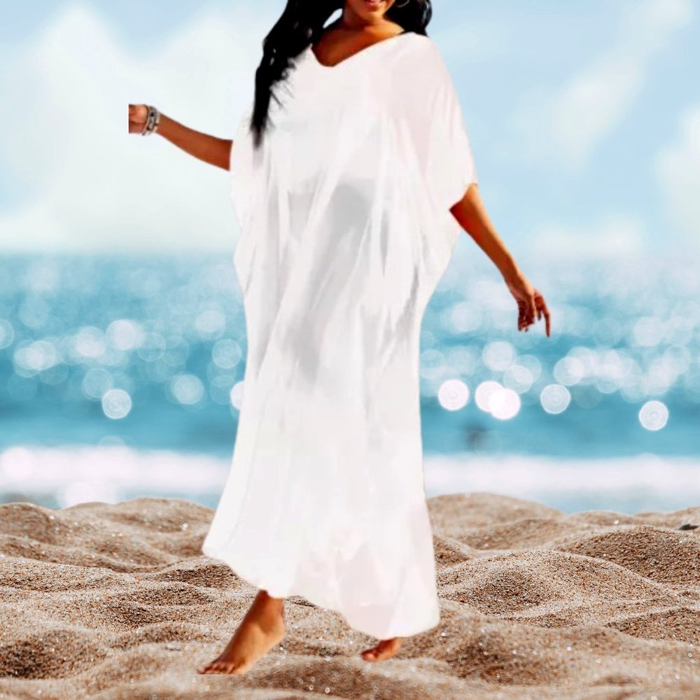 White Kaftan Sheer Maxi Beach Cover up Dress